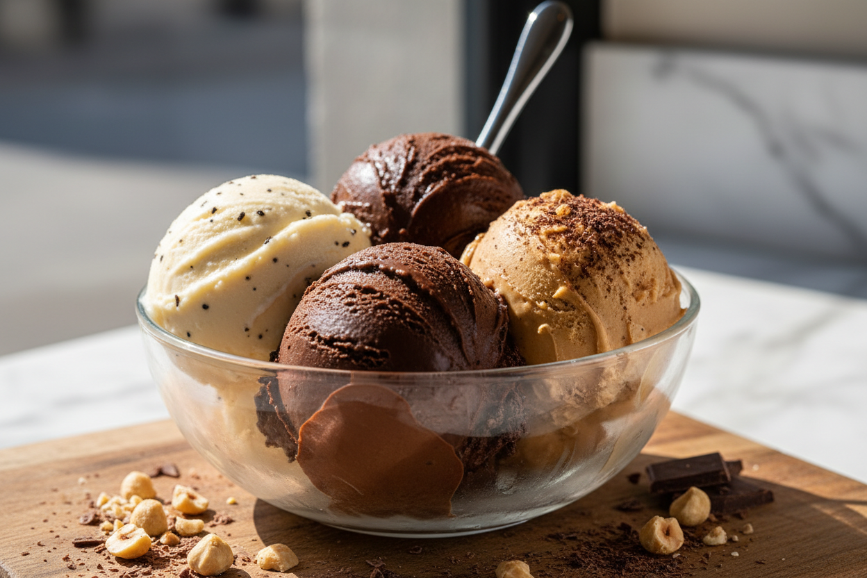 imagem realista de um gelato de creme de baunilha e chocolate, junto com creme de avela com cacau